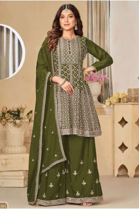 Embroidered Palazzo Suit in Mahendi Chiffon PZ3988