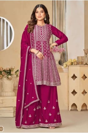 Magenta Embroidered Palazzo Suit in Chiffon PZ3989