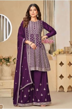 Wine Palazzo Suit in Chiffon with Embroidered PZ3991