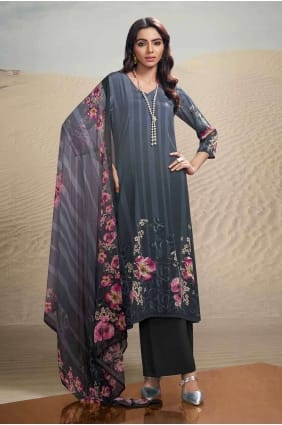 Digital print Crepe Palazzo Suit in Grey with Dupatta SK154165