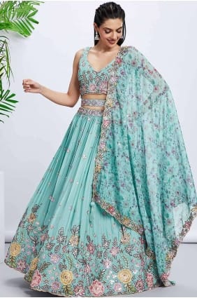 Raw silk Lehenga Choli with Embroidered Turquoise blue LC7784