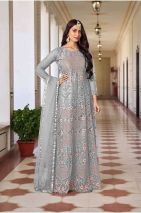 Grey Embroidered Anarkali Suit in Net AS3898