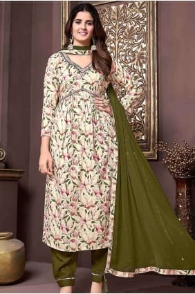 Cream Hand work Rayon Straight Pant Suit SK154175