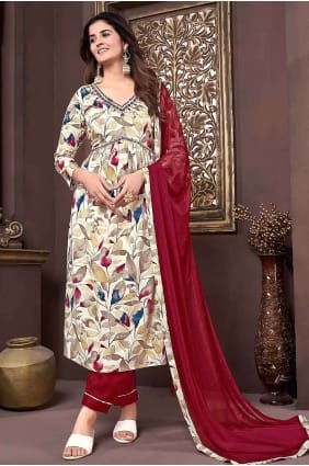 Rayon Straight Pant Suit with Hand work in Cream SK154177