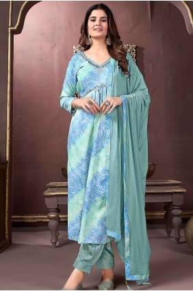 Sky blue Rayon Hand work Straight Pant Suit with Dupatta SK154180