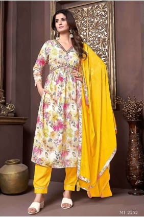 Yellow Straight Pant Suit in Rayon with Hand work SK154181