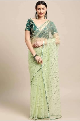 Green Saree with Embroidered Satin SR26896