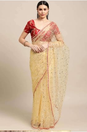 Cream Saree Satin with Embroidered SR26897