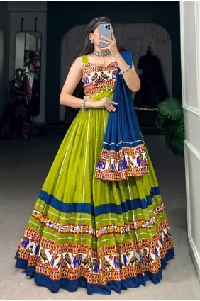 Mirror Cotton Lehenga Choli in Parrot with Dupatta LC7963
