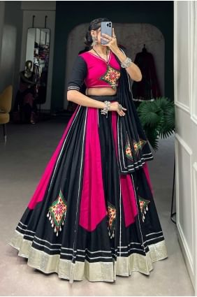 Mirror Cotton Pink-black Lehenga Choli with Dupatta LC7964