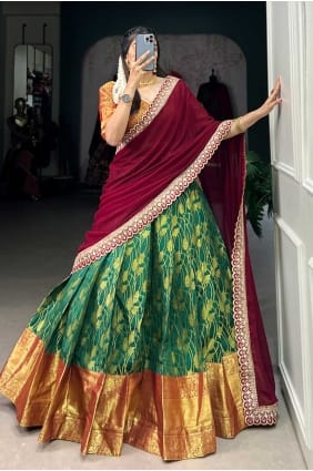 Weaving Lehenga Choli in Green Jacquard silk LC7976
