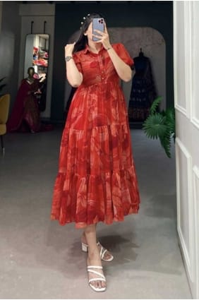 Maroon Georgette Printed Gown Dress with Dupatta GW0954