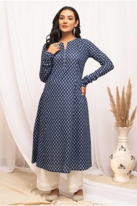 Palazzo Suit in Blue Cotton with Printed SK154576