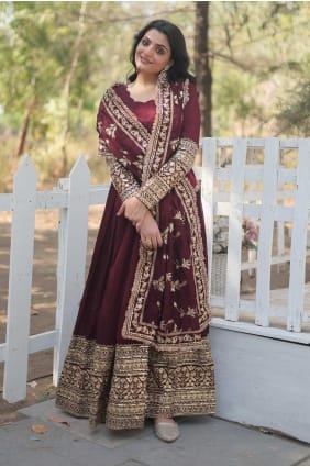 Shimmer Embroidered Dark marroon Gown Dress with Dupatta GW0956
