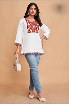 White Kurti in Cotton with Embroidered KTI2522