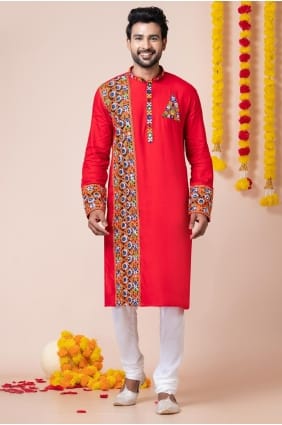 Red Embroidered Rayon Men Kurta KURR24