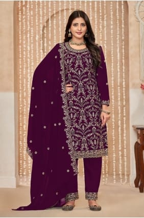 Wine Palazzo Suit with Embroidered Faux georgette PZ4046