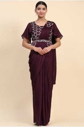 Embroidered Satin Saree in Wine with Blouse SR27495