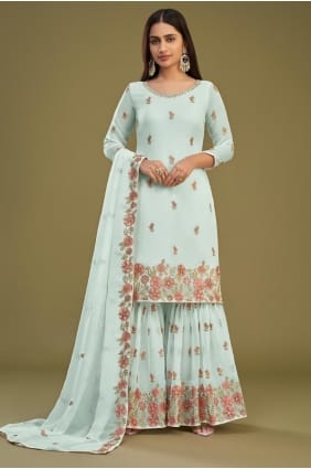 Embroidered Georgette Sharara Suit in Off sky blue SS1189