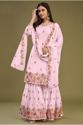 Georgette Embroidered Off pink Sharara Suit with Dupatta SS1190
