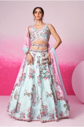 Embroidered Lehenga Choli in Turquoiseblue Silk LC7986