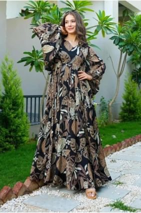 Cream black Digital print Chiffon Gown Dress GW0964