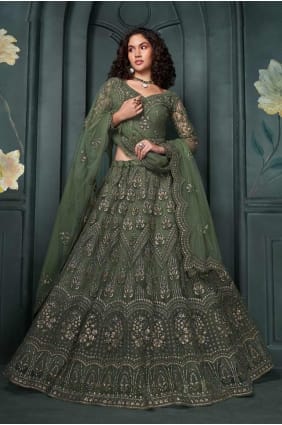 Net Mehendi green Lehenga Choli in Embroidered LC8000