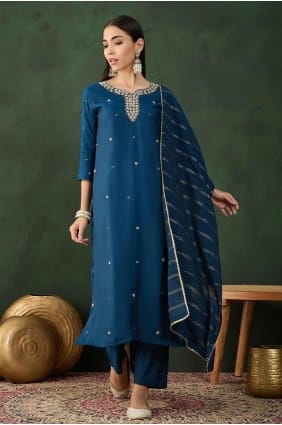 Muslin Salwar Kameez in Navy blue with Embroidered SK154599