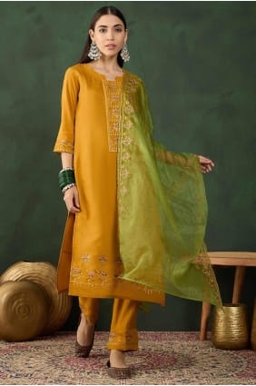 Embroidered Salwar Kameez in Mustard Muslin SK154601