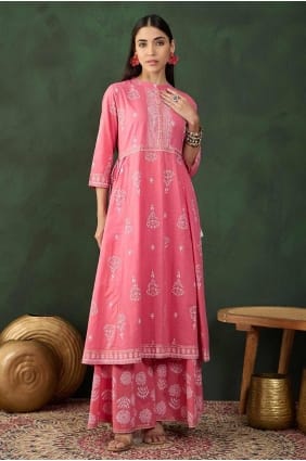 Embroidered Cotton Straight Pant Suit in Pink & white with Dupatta SK154606