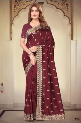 Maroon Embroidered Saree in Bemberg SR27514
