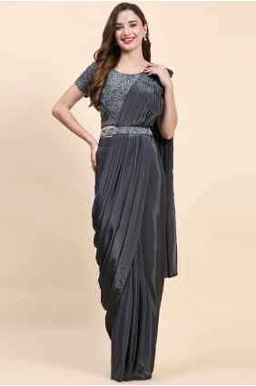 Black Saree in Embroidered Satin SR27522