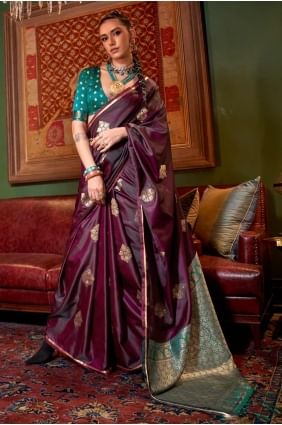 Embroidered Satin Saree in Light wine with Blouse SR27531