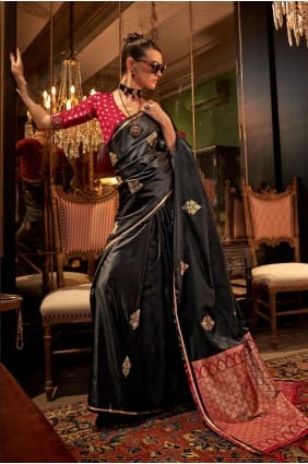 Embroidered Saree in Black Satin SR27533