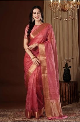 Coral Saree with Zari weaving Organza SR27535
