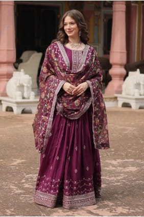 Chiffon Embroidered Wine Gown Dress with Dupatta GW0974