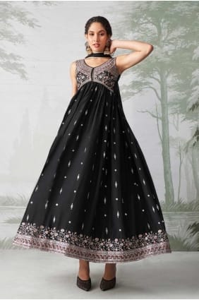 Black Embroidered Georgette Gown Dress GW0976