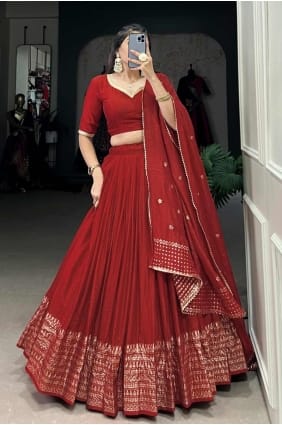 Chanderi Lehenga Choli in Red with Weaving LC8014
