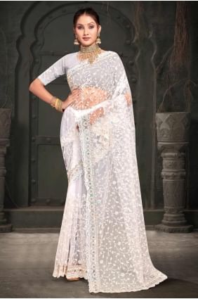 Net Saree with Embroidered in White SR27553