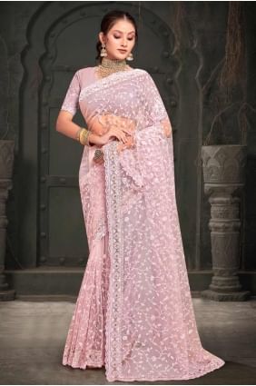 Net Saree in Pink with Embroidered SR27557