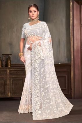 Net Saree with Embroidered in White SR27558