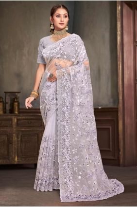 Embroidered Net Saree in Lavender Blouse SR27559