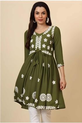 Embroidered Rayon Olive green Kurti KTI2542