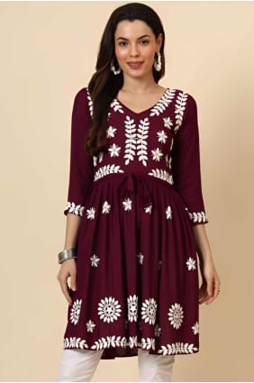 Rayon Kurti with Embroidered in Wine berry KTI2543
