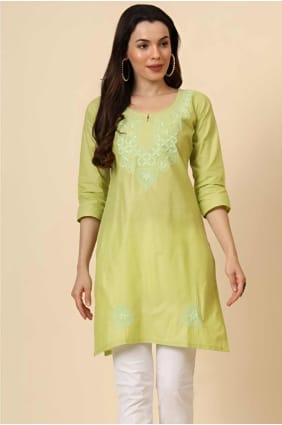 Softball yellow Embroidered Kurti in Cotton KTI2545
