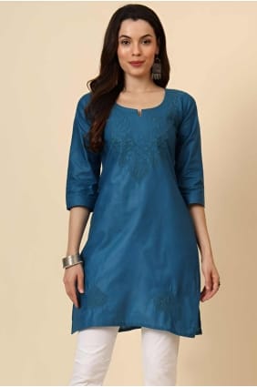 Process blue Cotton Embroidered Kurti with Dupatta KTI2546
