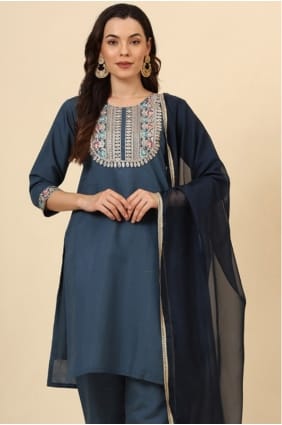 Embroidered Silk Salwar Kameez in Midnight blue with Dupatta SK154607