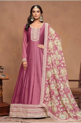 Embroidered Art silk Pink Gown Dress with Dupatta GW0978
