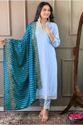 Embroidered Viscose Salwar Kameez in Sky SK154623