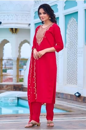 Red Viscose Embroidered Salwar Kameez with Dupatta SK154625